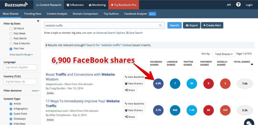 buzzsumo example - searching for website traffic
