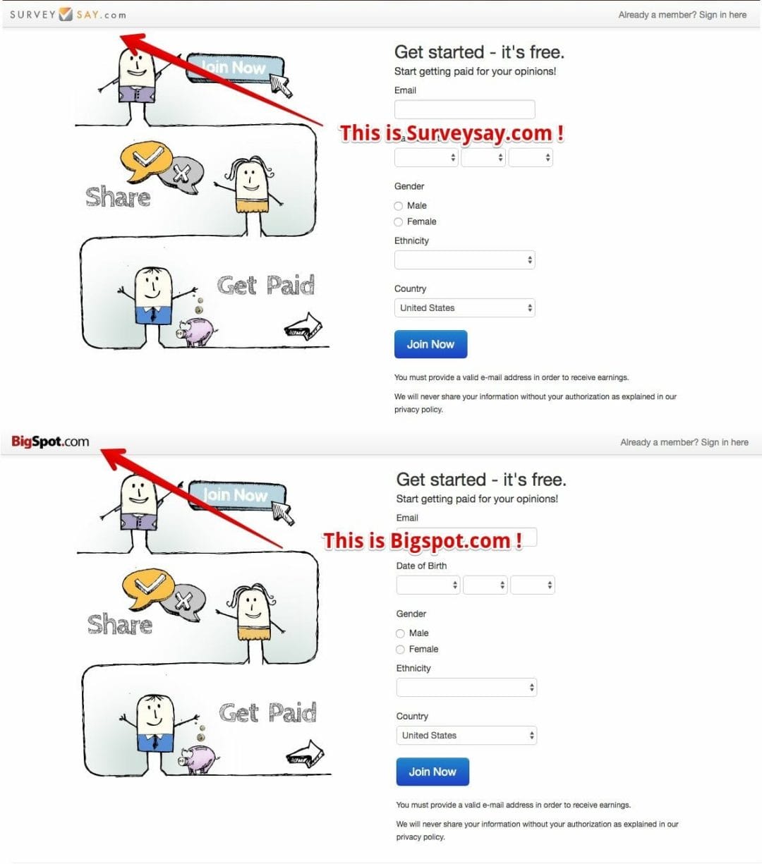 An image for comparison of Bigspot.com and Surveyspot.com