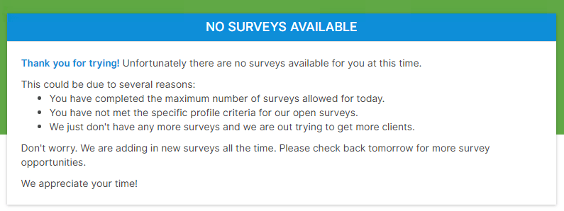 No survey available notification