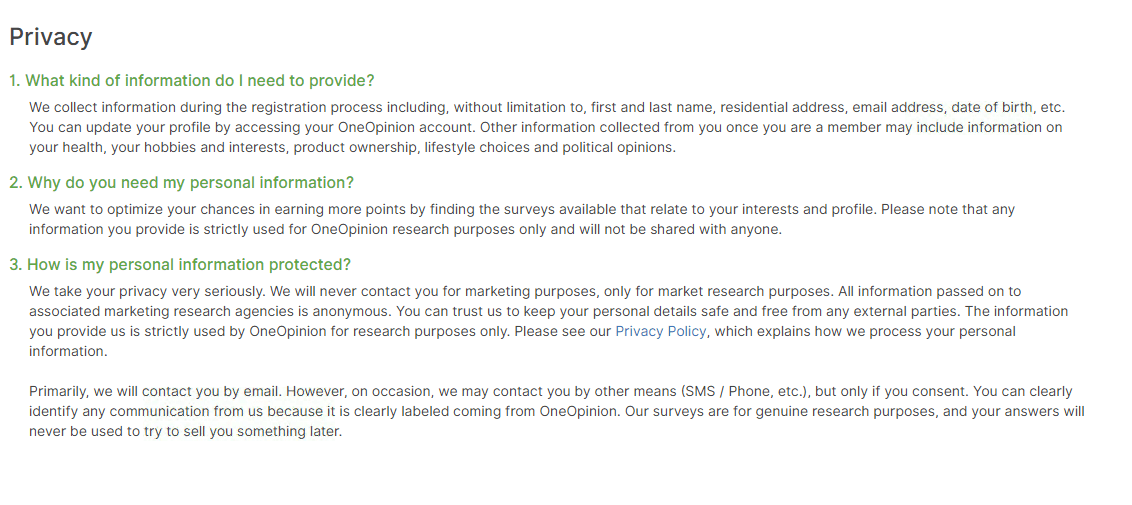 Screen shot of OneOpinion Privacy Policy