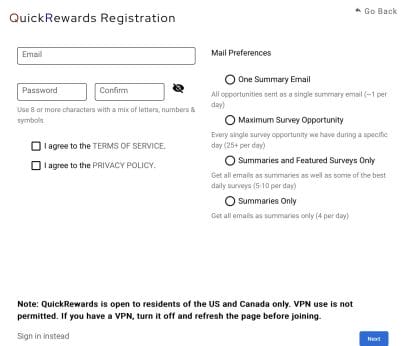 QuickRewards Signup page